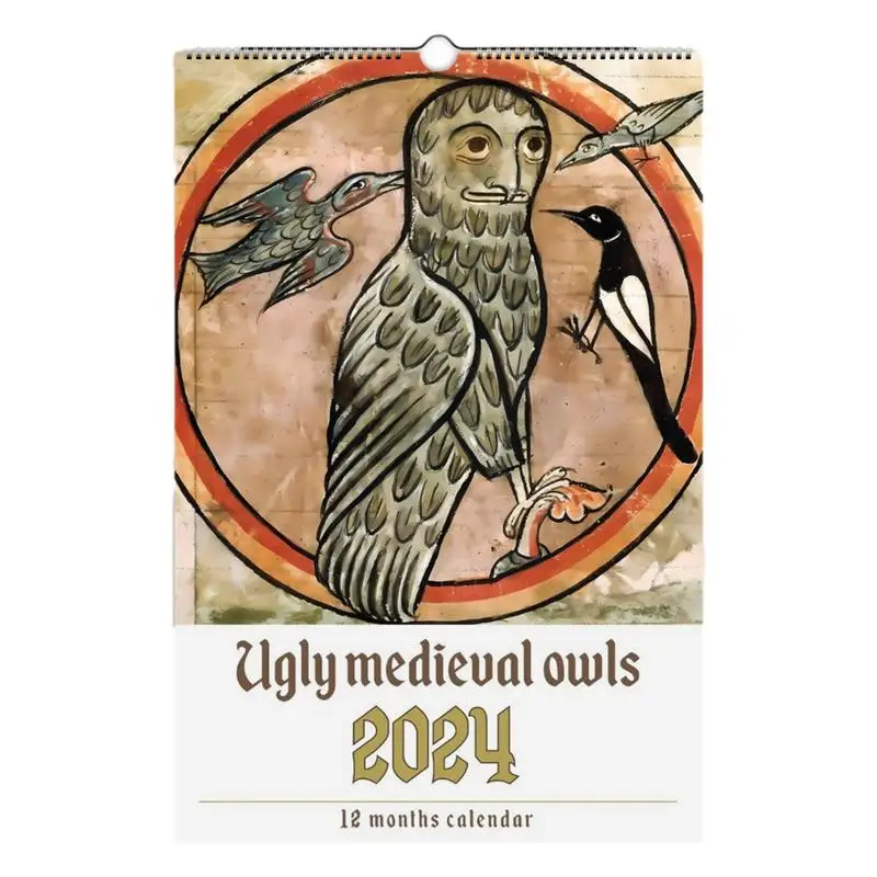 calend-rio-de-parede-engra-ado-medieval-coruja-coruja-engra-ada-retro-e