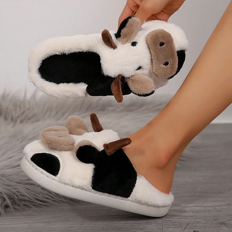 Ladies' Winter Slippers Cute Cartoon Heart Animal Cow Fur Warm Cotton Anti-Slip Home Comfortable Girls' Footwear female slippers