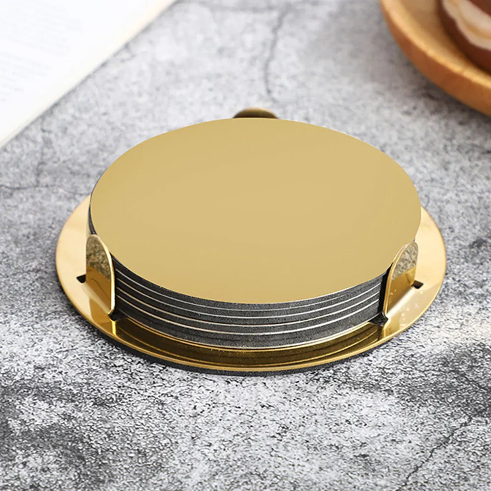 6Pcs Stainless Steel Coasters Gold Cup Coasters Set with Holder Mirror Drink Coasters Metal Cup Coasters for Coffee Mug Tea Cup