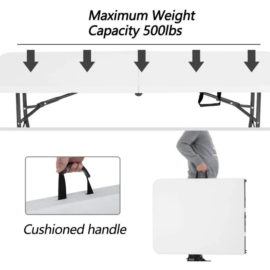 6FT Picnic Table Folding Table Camping Table Plastic Table Fold Up Table Lock for Party EventWhite