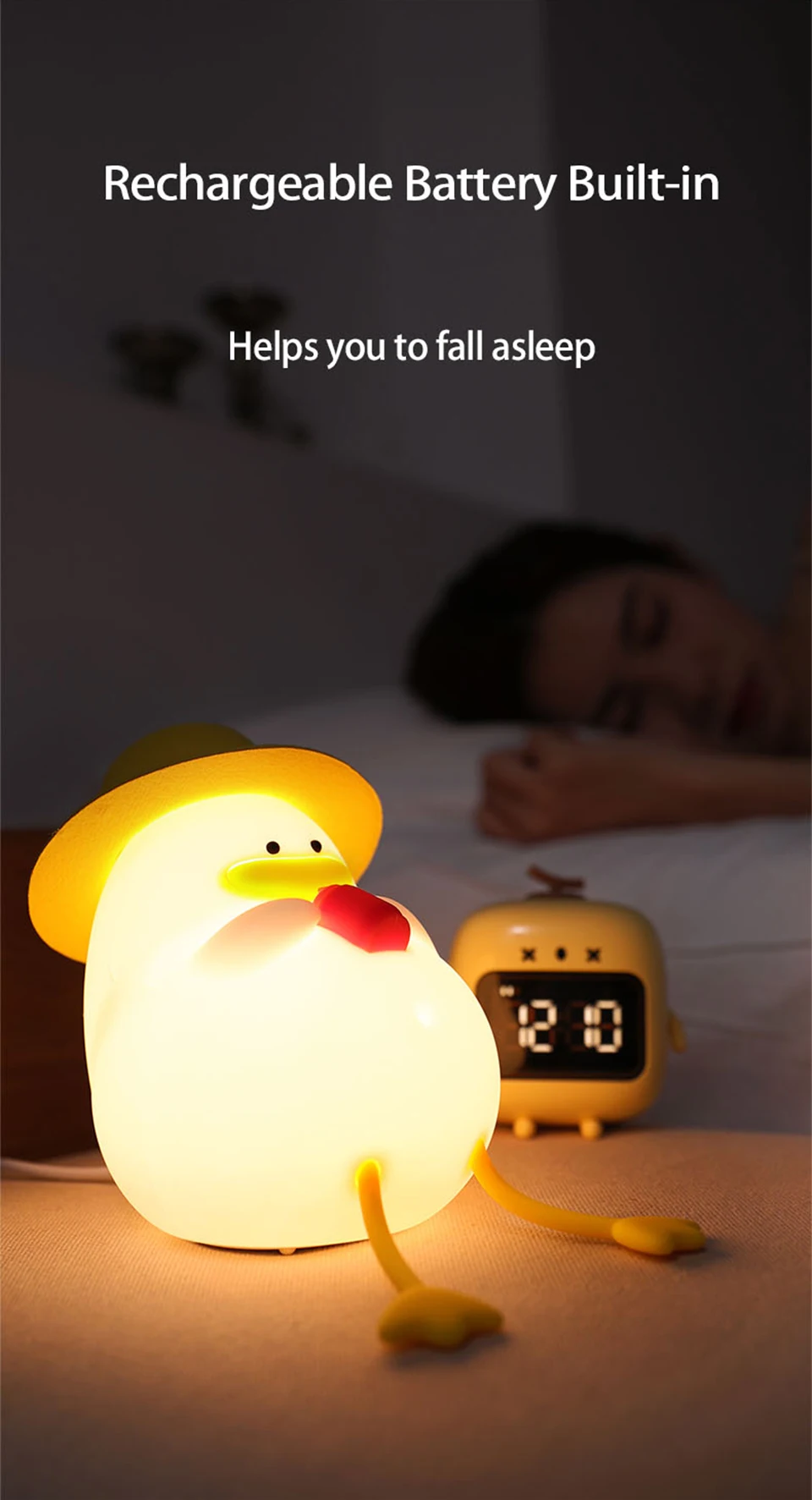 Cute Kids Happy Duck Night Light USB Rechargeable Lamp Silicone Pating Lamp Color Changing for Baby Bedside Room Home Decor Gift
