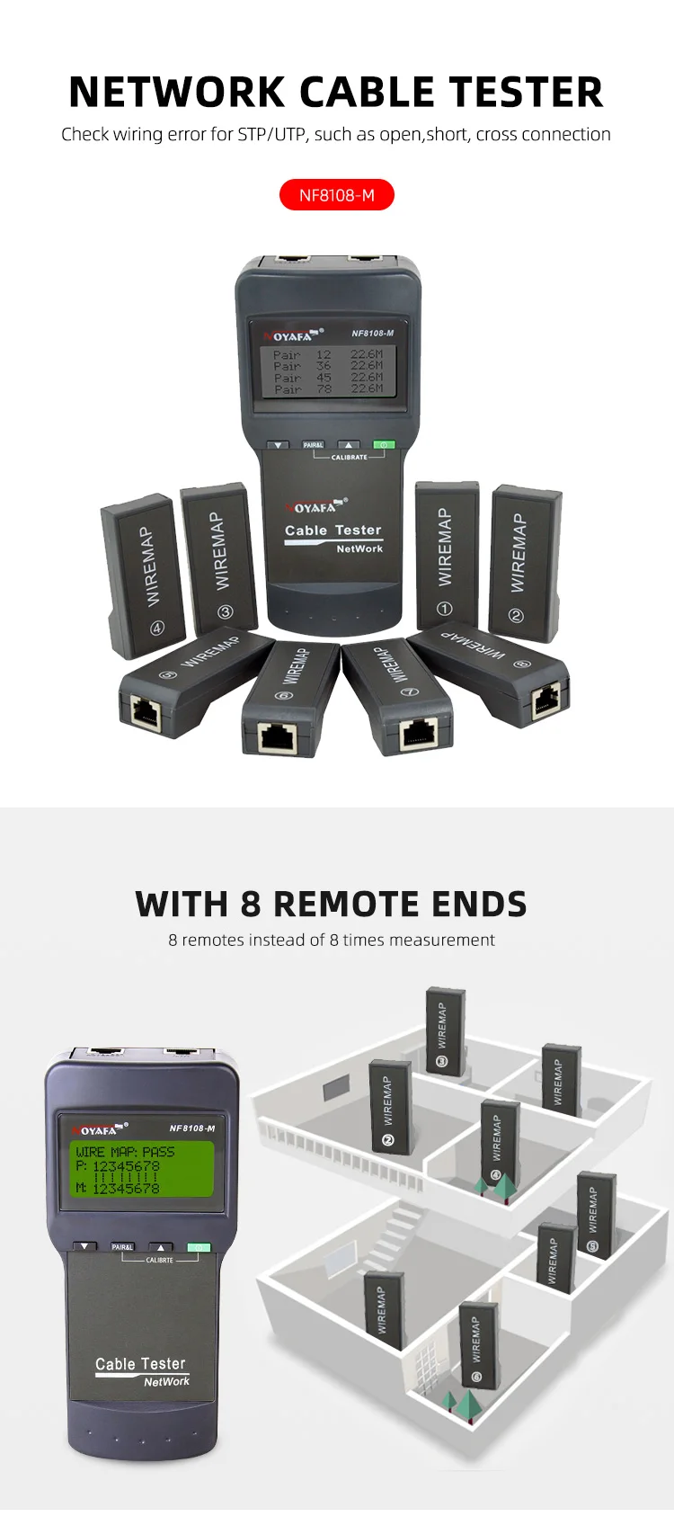 노야파 LCD 화면 네트워크 케이블 오류 테스터 RJ45 케이블 길이 측정기