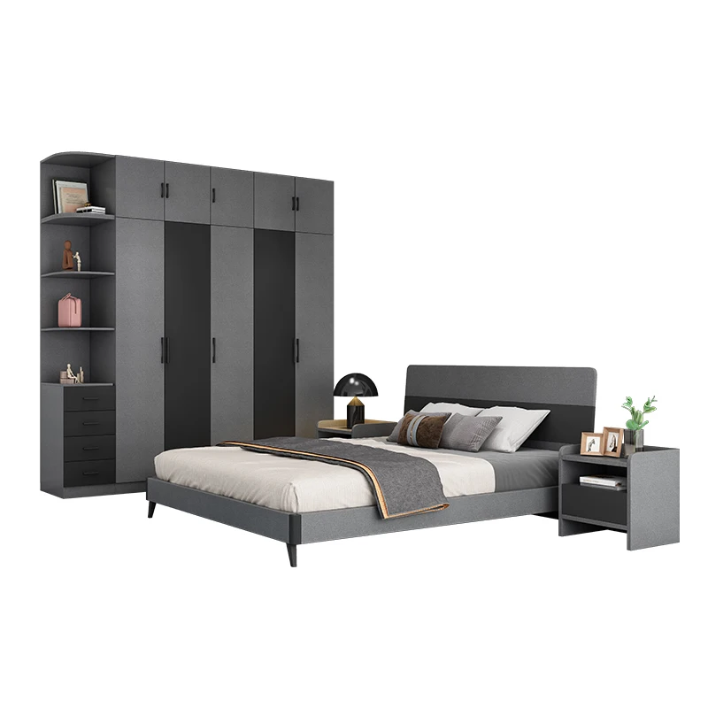 Hot Sale 2022 Elegant Dark Grey Modern Bedroom Furniture Full Bedroom Set Wooden Bed With Storage Dresser Wardrobe