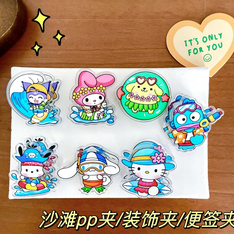 10pcs Kawaii Kitty Kuromi 멜로디 아크릴 롱 테일 오픈 클립 학생 시험지 정보 주최자 사무실 문구 선물