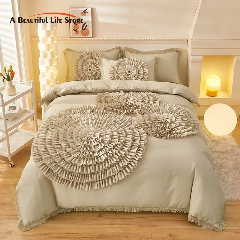 

Bedding Sets of Brushed Cotton, Flowers Embroidery Duvet Cover Set, Stereoscopic Handwork,Bed Sheet, Pillowcases, 200*230cm