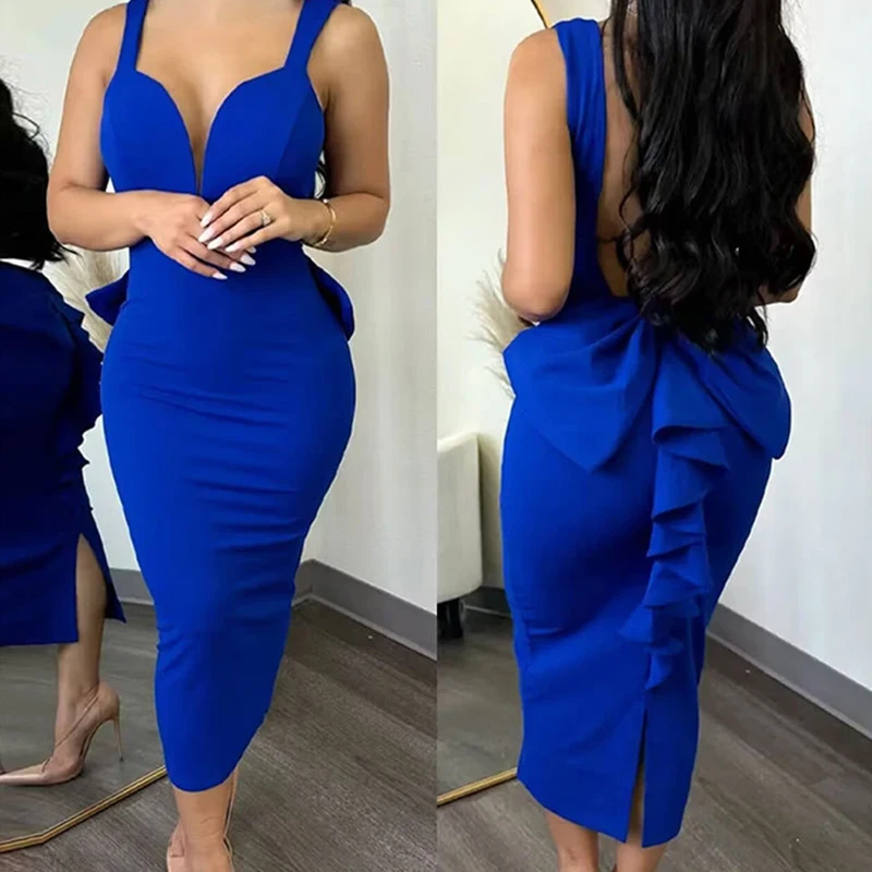 

Elegant Pleated Warp Hip Party Dress Sexy Deep V Neck Solid Color Sleeveless Dress Female Fashion Backless Holiday Slim Dresses
