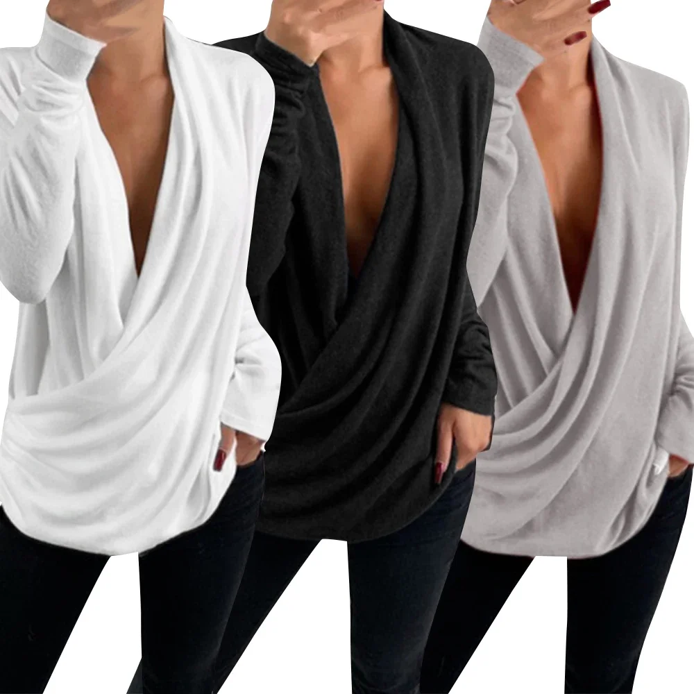 Women V Neck Long Sleeve Pleated Wrap Top