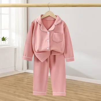 Children Cotton Underwear Set Boy Baby Clothe Girl Button Down Sleepwear Loungewear Spring Fall Kid Long Sleeve Pajama 2pcs Suit 1
