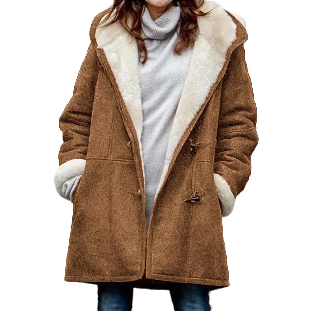 Coat Women's Jacket Cow Horn Buckle Pockets Solid Color Fleece Lined Hooded Overcoat Female Outerwear Winter Clothes Women
