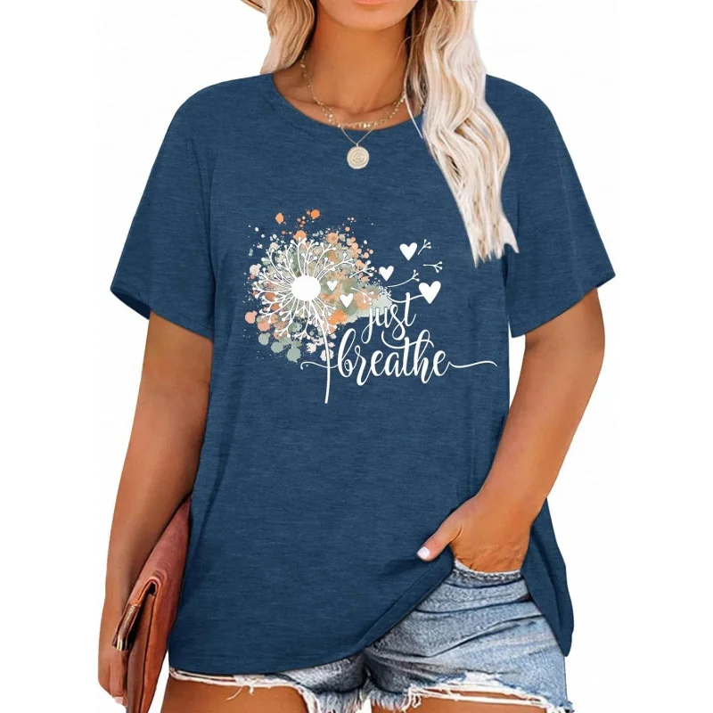 

Womens Plus Size Dandelion Print Tshirt Cute Graphic Floral Tees Short Sleeve Summer Blessed Tee Tops