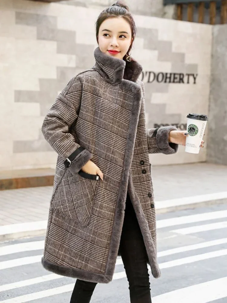 

Jackets for Women Autumn Winter New Fashionable Long Sleeved Medium Length Fake Fur Integrated Plaid Coat Woman Clothing