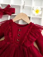 Two-Piece Baby Girl Romantic Small Flying Sleeve Long Sleeve Ruffled Mesh Dress + Bow Headscarf Spring And Autumn 3