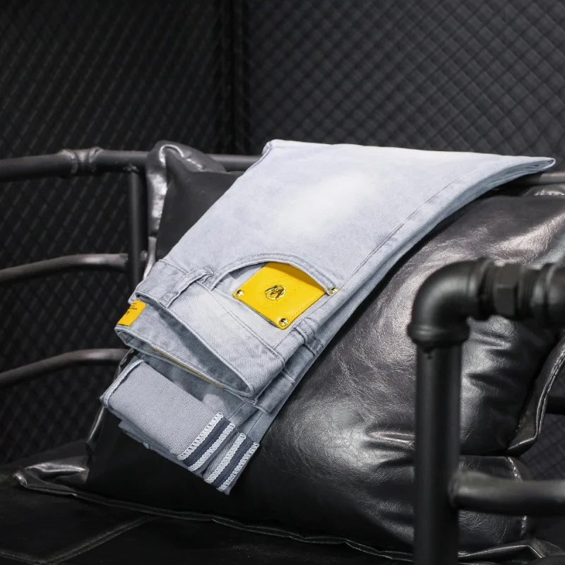 Summer thin jeans MEN'S light luxury quality high-end and fashionable simple stretch small leather tag slim fit tapered pants