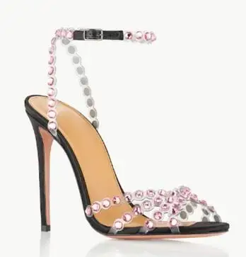 Summer PVC Bling Crystal Rhinestone 10 CM Thin Heels Sandals Woman Ankle Buckle Strap Slingback Party Shoes women slingback sandals women high heels shoes