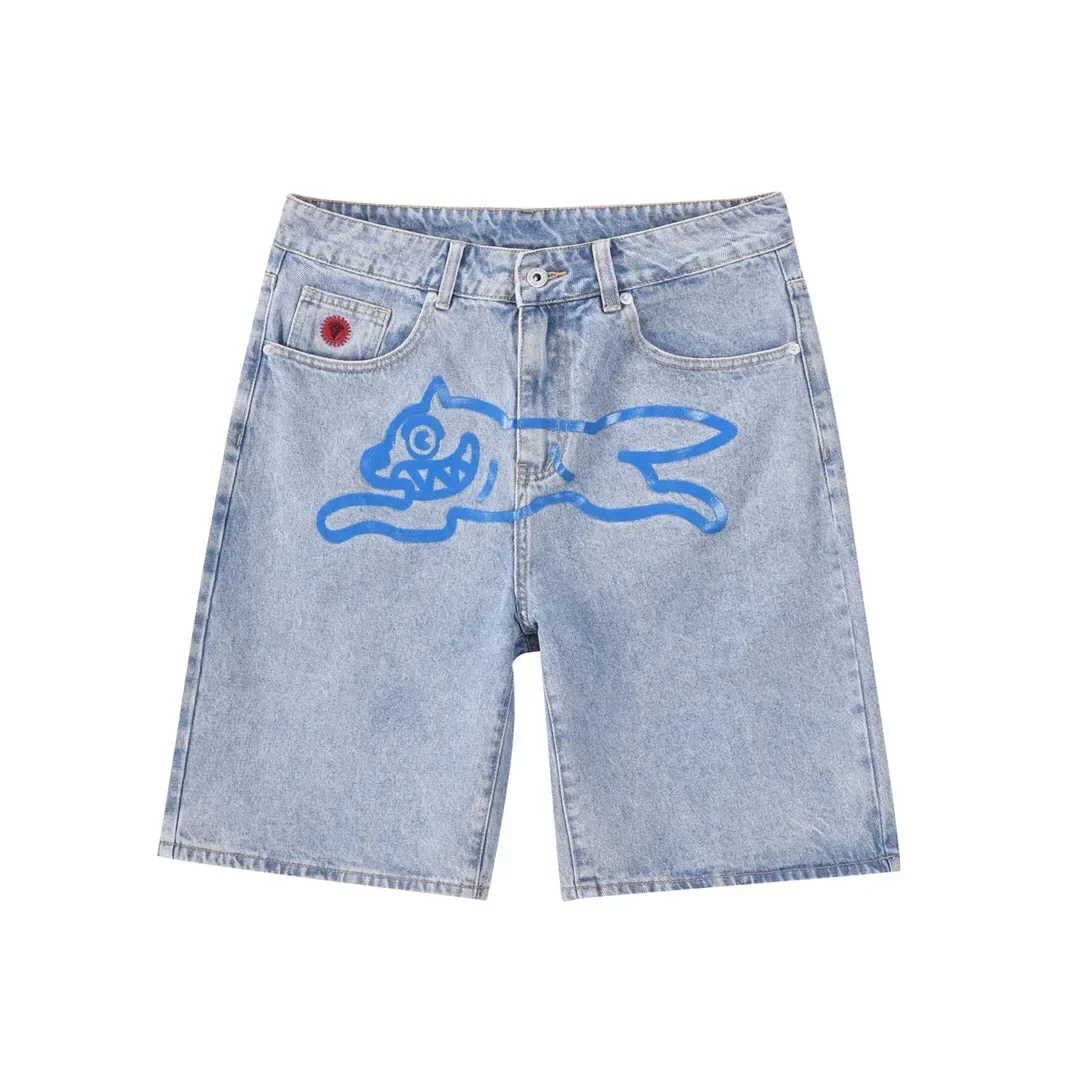 Hip hop Fly Dog print denim shorts men wide leg loose retro jeans Y2k streetwear fashionable shorts Jorts summer new collection