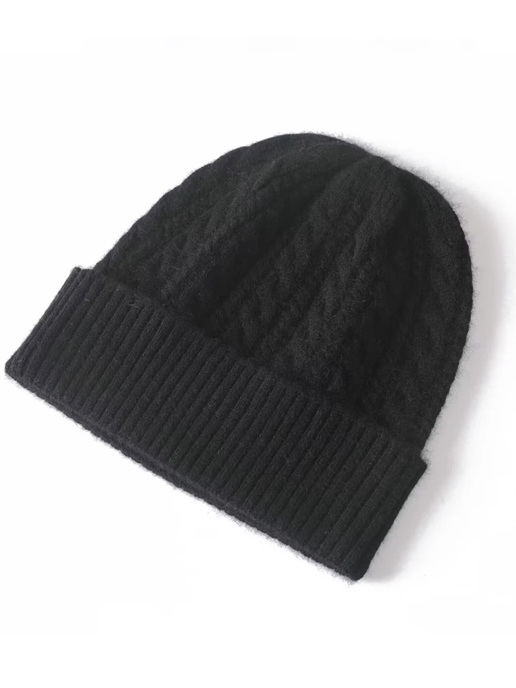 35% Cashmere Blend Thick Vintage Cable Beanies Women Solid Ribbed Hem Soft Knitted Cap Hat Wool Autumn Winter Warm Skull Caps 4