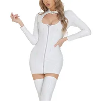 Sexy Patent Leather Skinny Stretch Dresses Women Front Zipper Cardigan Dress Stand-up Collar Short Gown Female Long Sleeve Frock - Image 5