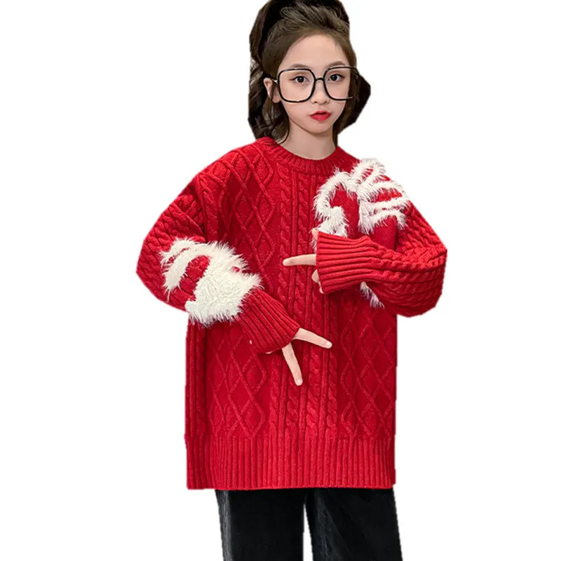 

Christmas Cute Girls Sweater with Cartoon Pattern 2023 Autumn Winter New Fashion Hot Sales Loose O-Neck Knitwear Clothes 4-14Yrs