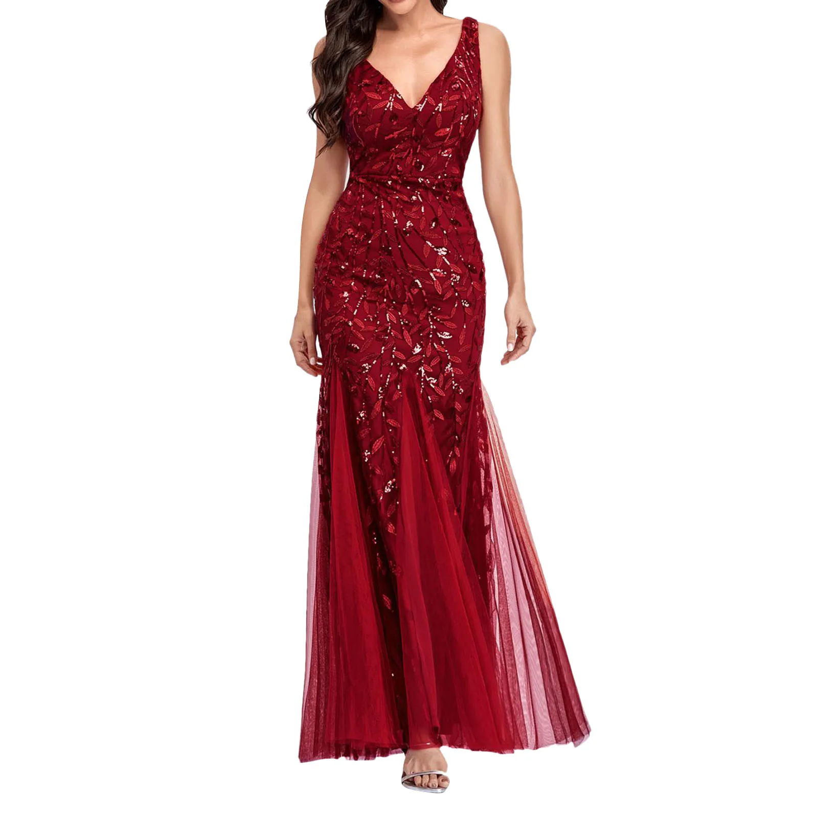 Red-Women-Embroidered-Beading-Long-Prom-Dress-Deep-V-Neck-Sequin ...
