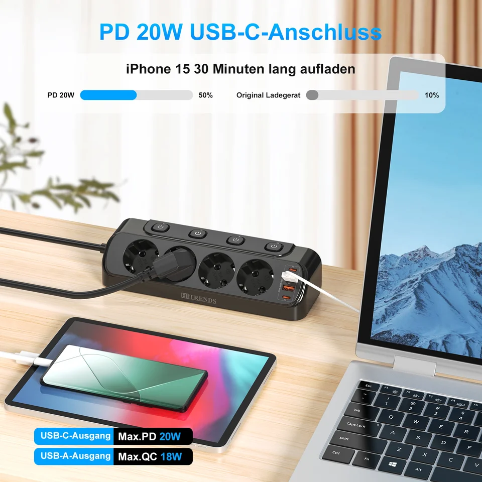 Regleta De 6 Salidas Y Cargador USB C PD 20 W / 2 X USB 12 W - Siman El