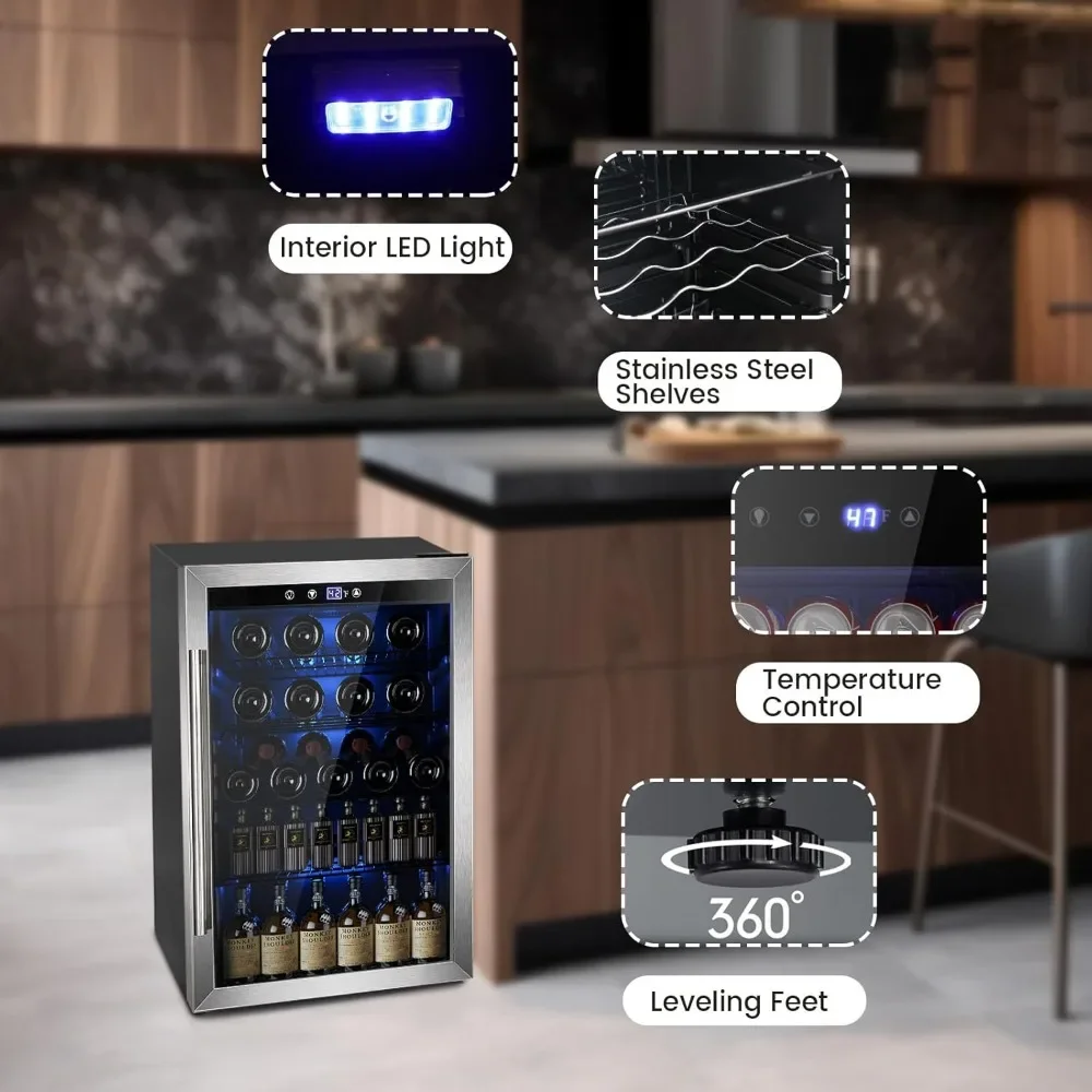 NEW-Wine Cooler 37 Bottle Freestanding Fridge with Stainless Steel Reversible Glass Door, 145 Can Beverage Refrigerator Quiet Co