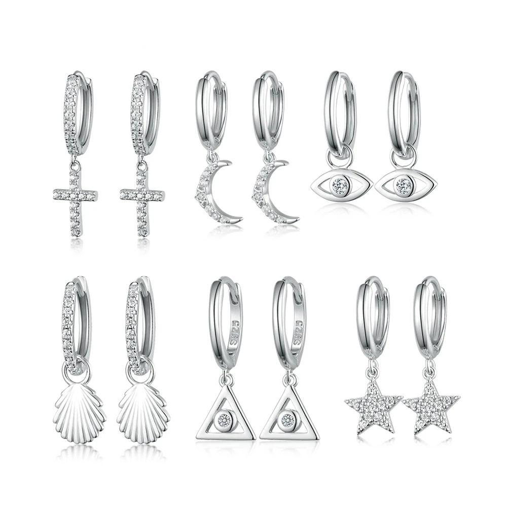 

925 Sterling Silver Hoop Earrings Cross Moon Star Eye White Zircon Earrings for Women Men Gift Pendant Fine Ear Jewelry