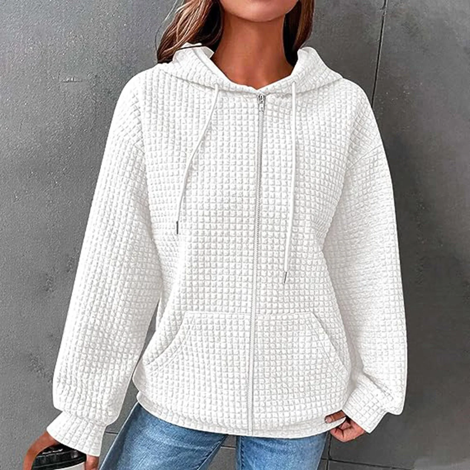 

Women Waffle Zip Up Hoodie Drawstring Pocket Oversized Hoodie Autumn Long Sleeve Hooded Sweatshirt Sudaderas Con Capucha