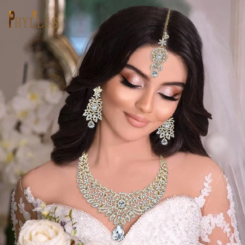 C30 Wedding Forehead Chain Necklace Earrings Set for Women