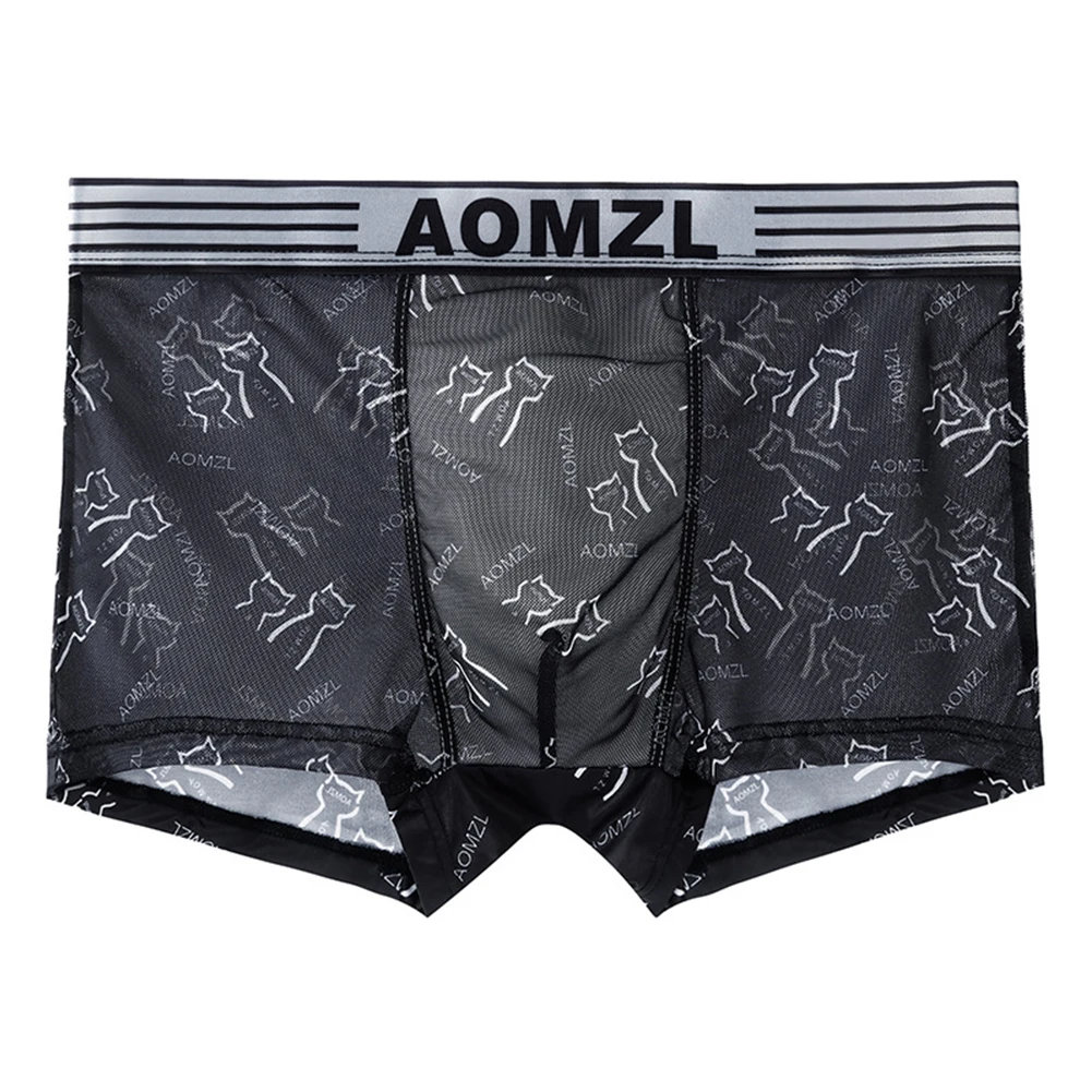 Men Sexy Underwear Low Waist Briefs U Pouch Boxers Shorts Transparent Mesh Ultra Thin Panties Elastic Underpants Print Knickers