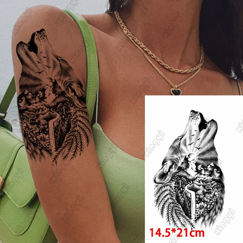 

Waterproof Temporary Tattoo Sticker Wolf Mountain Tatto Pattern Moon Lion Body Art Fake Arm Sleeve Tattoos for Women Men Lady