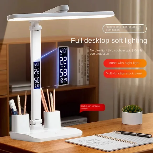 Lampada da scrivania per studenti con orologio a LED, lampada da lettura dimmerabile per la cura degli occhi, ricaricabile tramite USB e plug-in CA, doppia testa 180 °   Girevole per 1