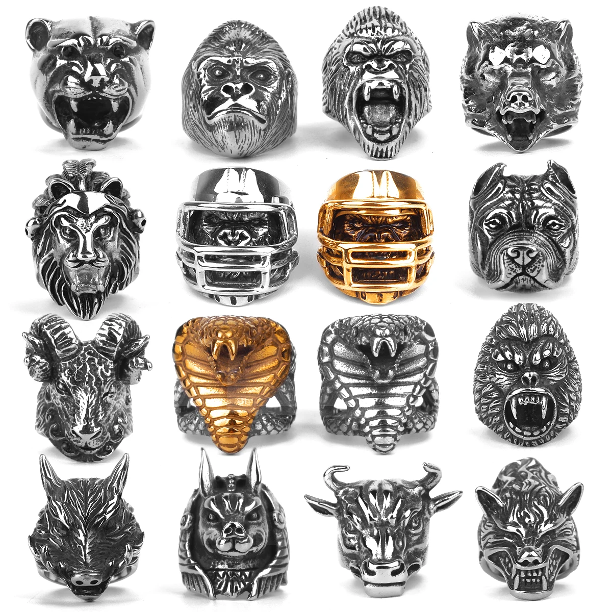 Stainless Steel Animal Men Rings Eagle Dog Dragon Bird Snake