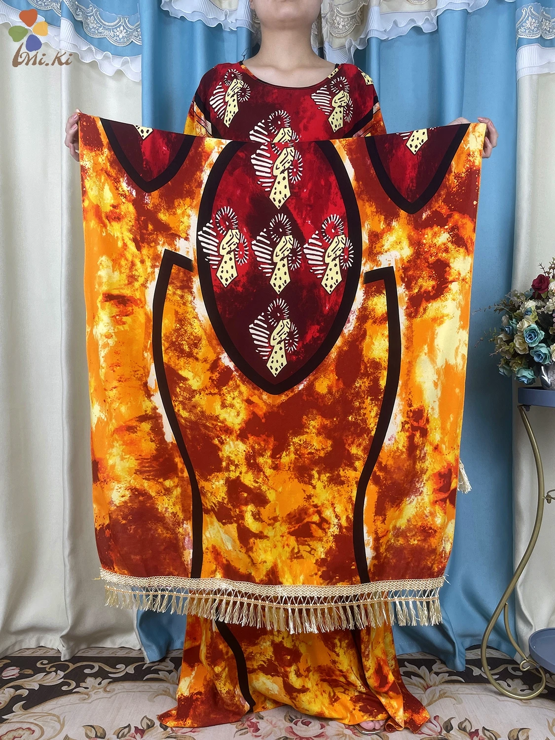 2024 New African Abaya Tie Dye Printed Cotton Loose Women Robe Muslim Dashki Kaftan Dress Dubai Dress Paired with Lace Big Scarf