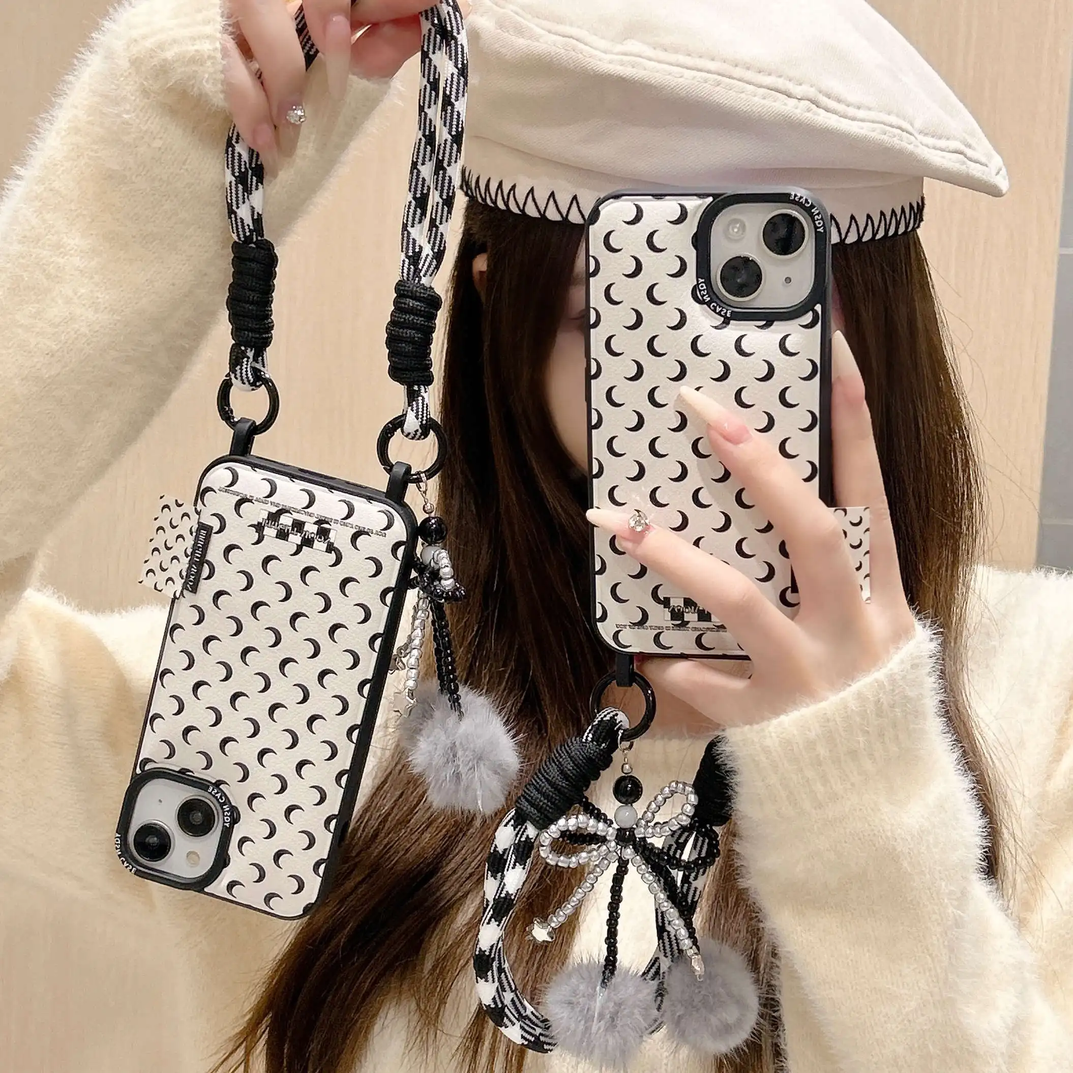 

Korean INS Crescent Moon Phone Case For iPhone 14 15 Pro Max 13 Pro 12 11 With Chain Shockproof Cover Silicone Protective Cases