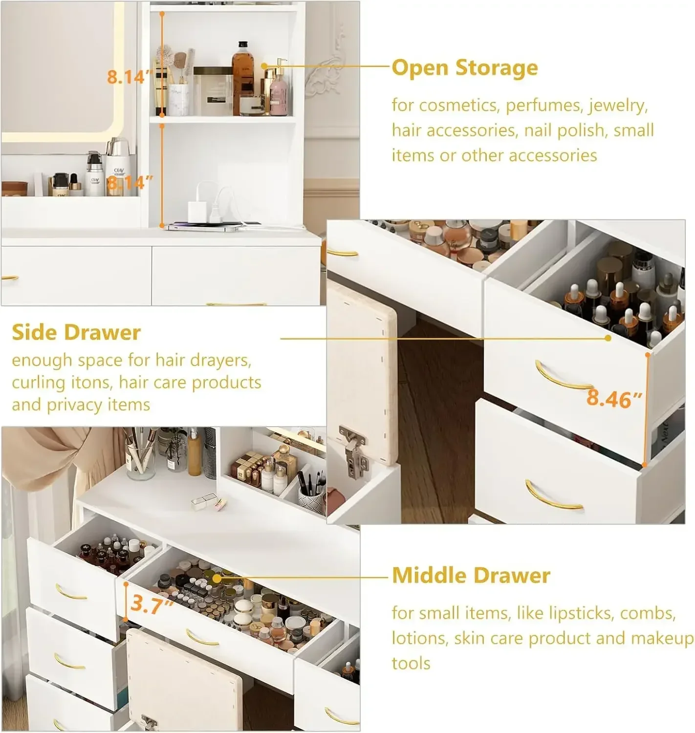 47" Large Vanity Desk with Mirror and Lights, LED White Vanity Set with Stool and Power Outlet, Lighted Make up Vanity Desk