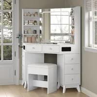 Corner Vanity Desk with Speaker 8 Drawers and 6 Shelves Modern Vanity with Mirror and Lights Makeup Vanity with Glass Top 3 Col 3