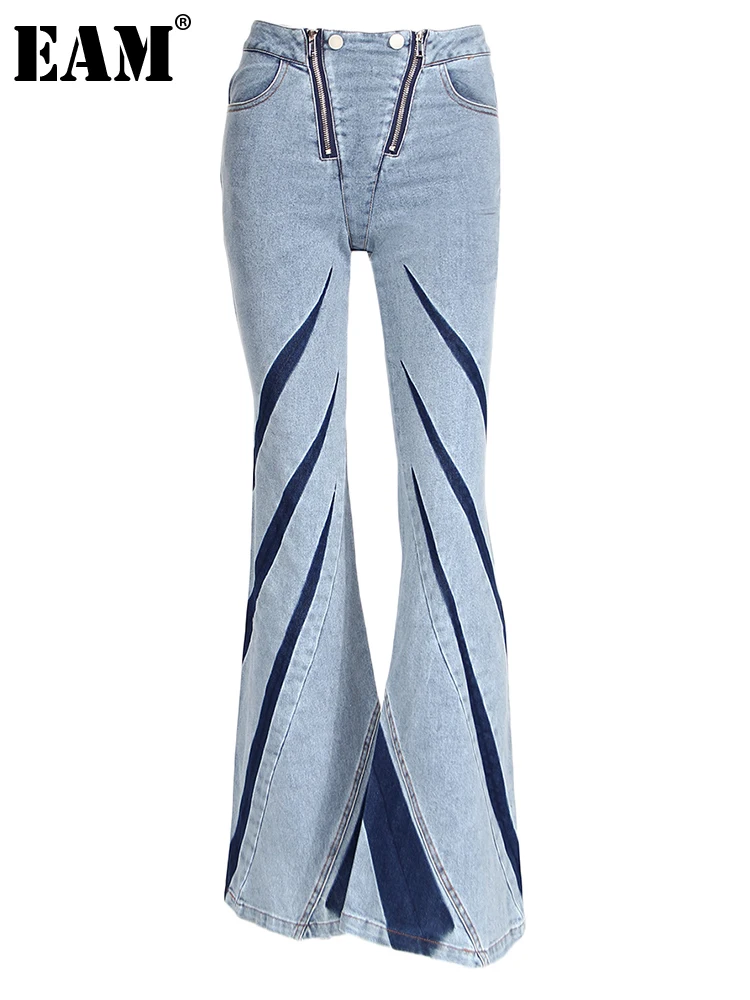 

[EAM] High Waist Blue Color-block Long Denim Flare Jeans New Loose Women Trousers Fashion Tide Spring Autumn 2024 1DH1699