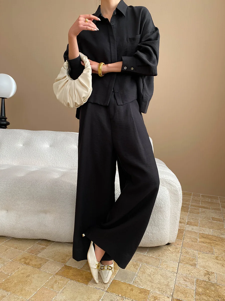 Spring and Autumn Women's Casual Solid Color Collar Long Sleeve Pocket Decoration Loose Shirt+High Waist Wide Leg Pants Set 4