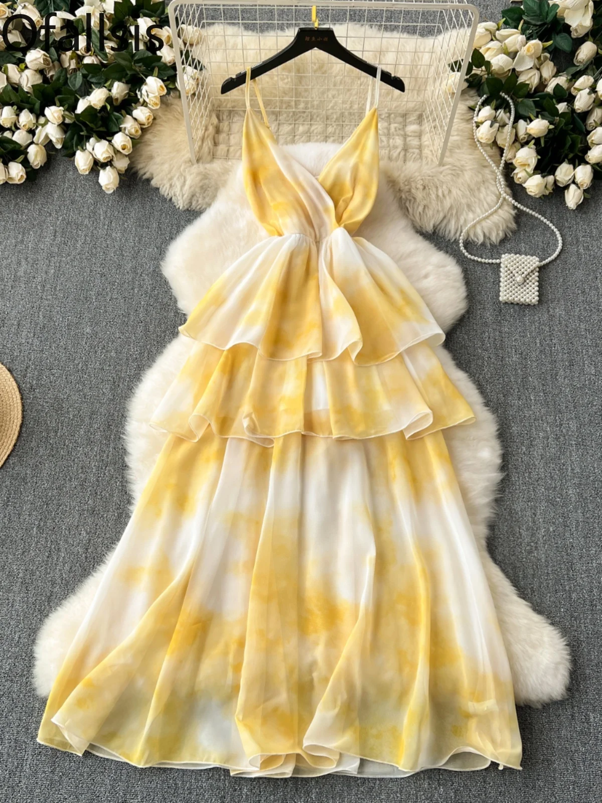 

Женское длинное платье для отпуска Ofallsis, платье во французском стиле с V-образным вырезом и оборками по краям, лето 2024