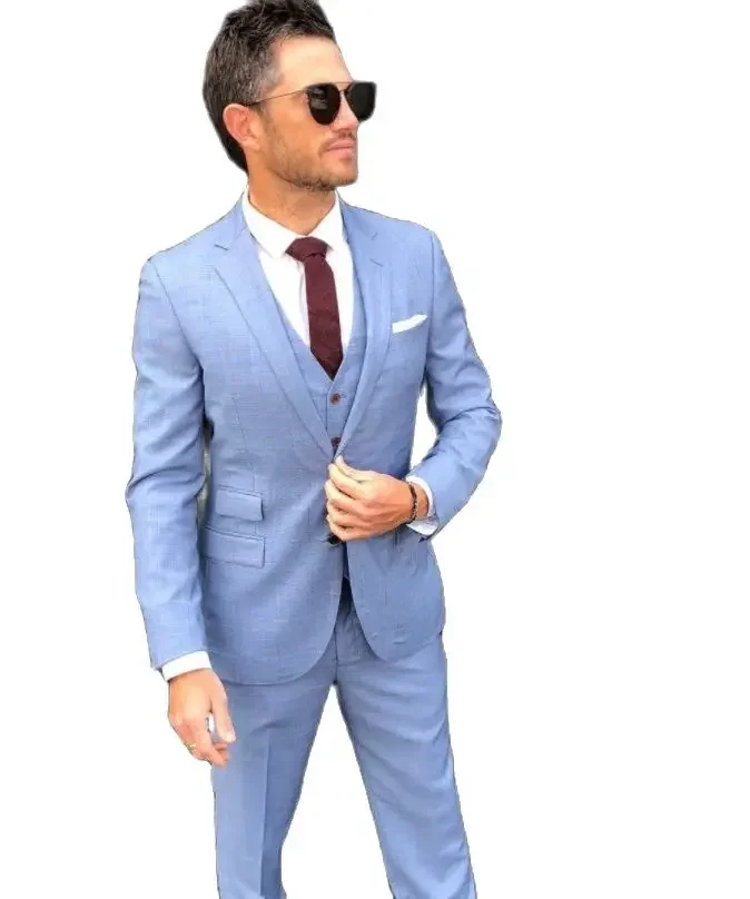 Summer Linen Sky Blue Smart Casual Men Suit  Business Slim Fit Blazer High Quality Groom Tuxedo Custom 3 Piece Set Costume Homme
