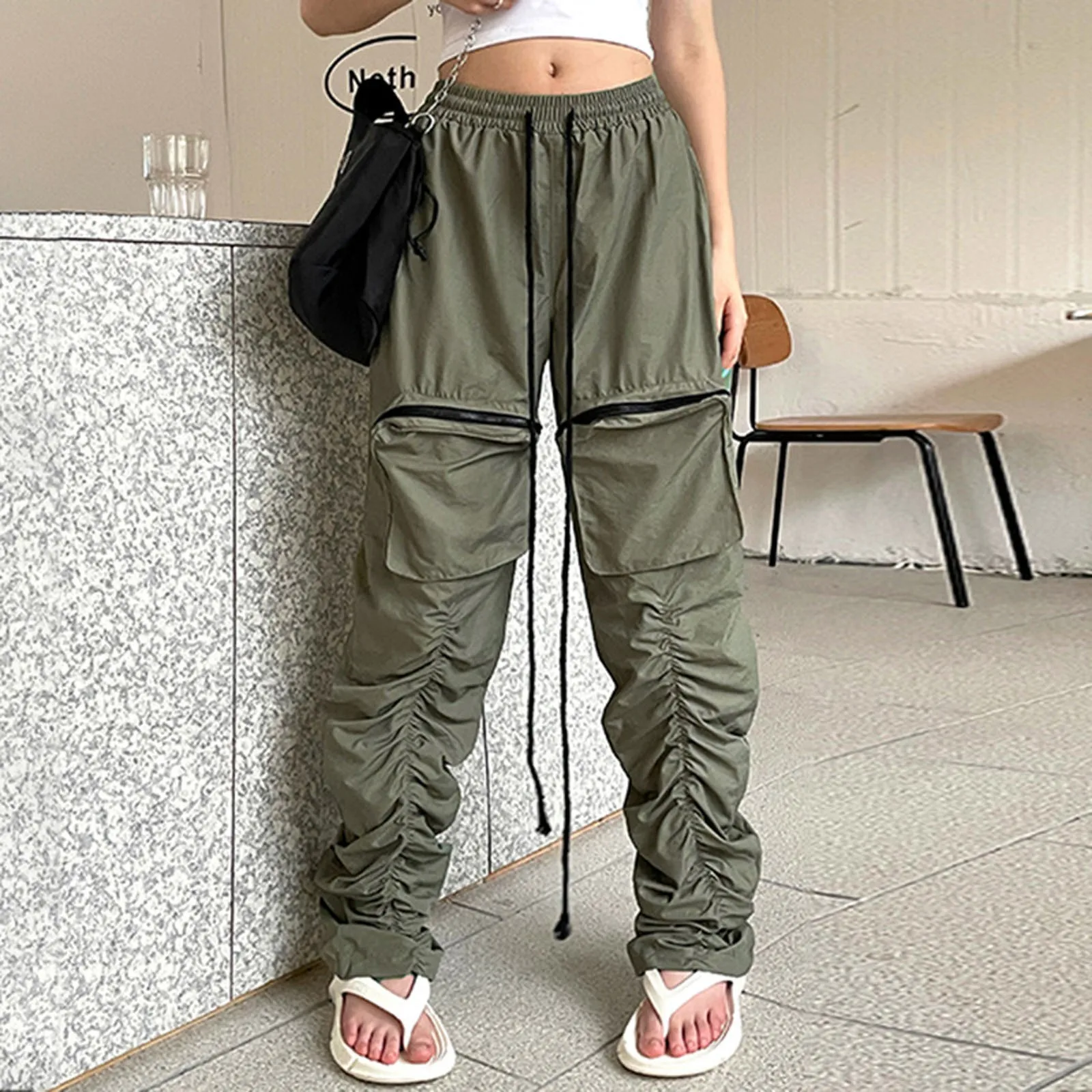 Women Pockets Sweat Pant Vintage Workout Overalls Mid Waist Drawstring  Loose Cargo Pants Streetwear Jogging Trousers Y2K Clothes