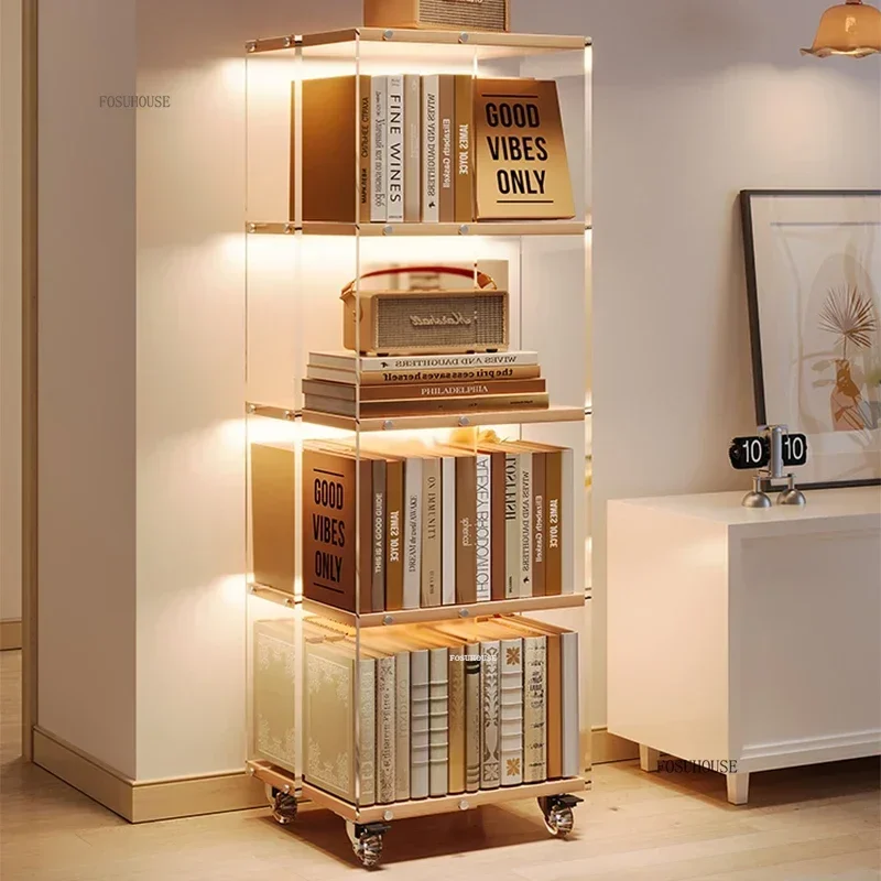 Nordic Acrylic Rotating Bookcases Movable Bookshelf Storage Rack Multi-functional Creative Living Room Book Shelf Display Stand