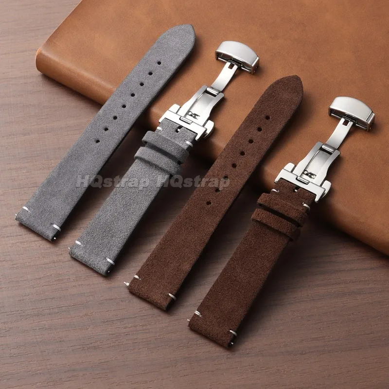 Vintage Suede Leather Watch Strap with Butterfly Buckle