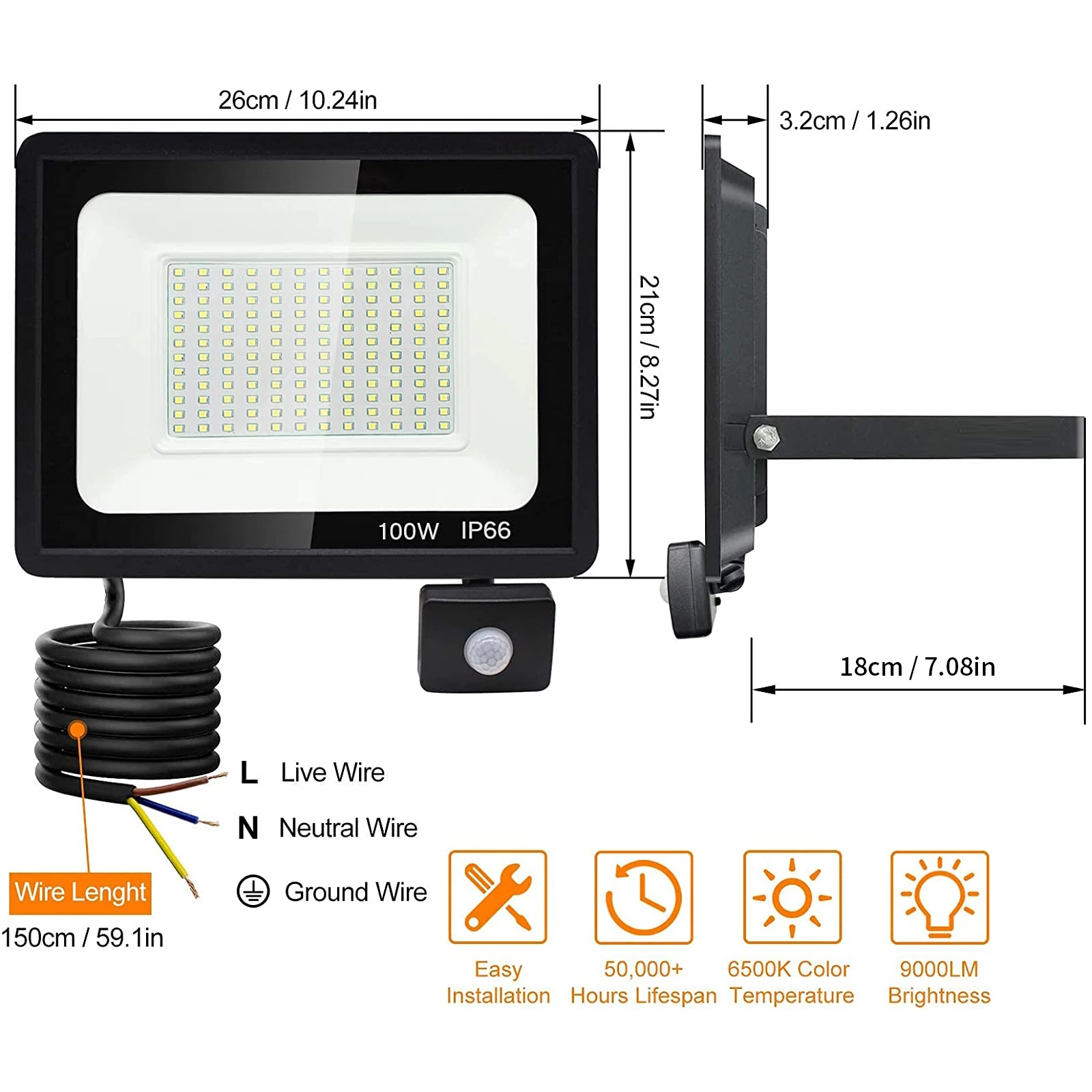 Luz de inundación LED con sensor de movimiento de 10 W para exteriores,  luces de seguridad sensibles a Pir, lámpara de pared IP66, reflector