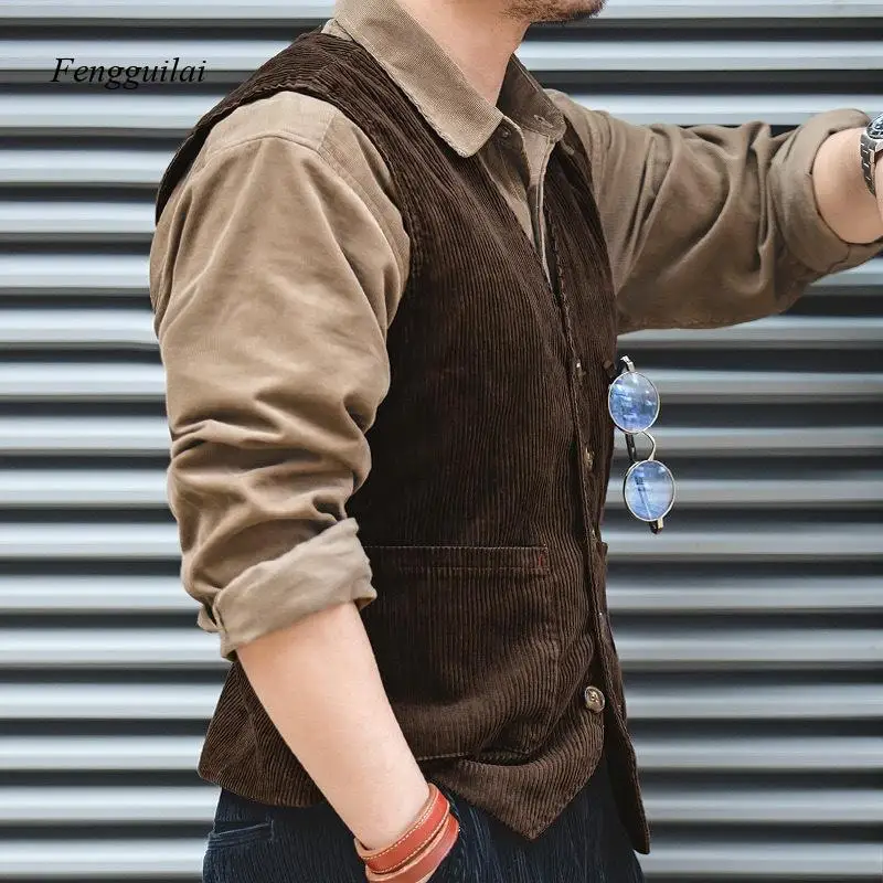 2024 Spring and Autumn Retro Corduroy Workwear Vest Pocket Splicing Solid Color Single Breasted British Coat Men's 3