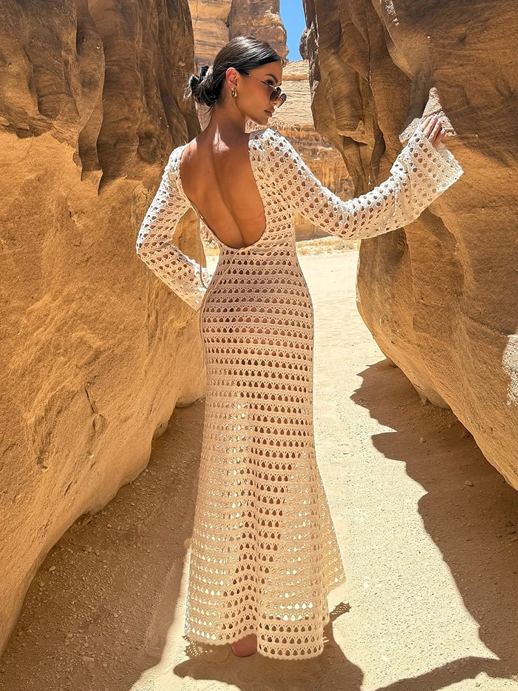 Sexy Knit Mesh Backless Long Bell Sleeve Beach Maxi Dress 2025