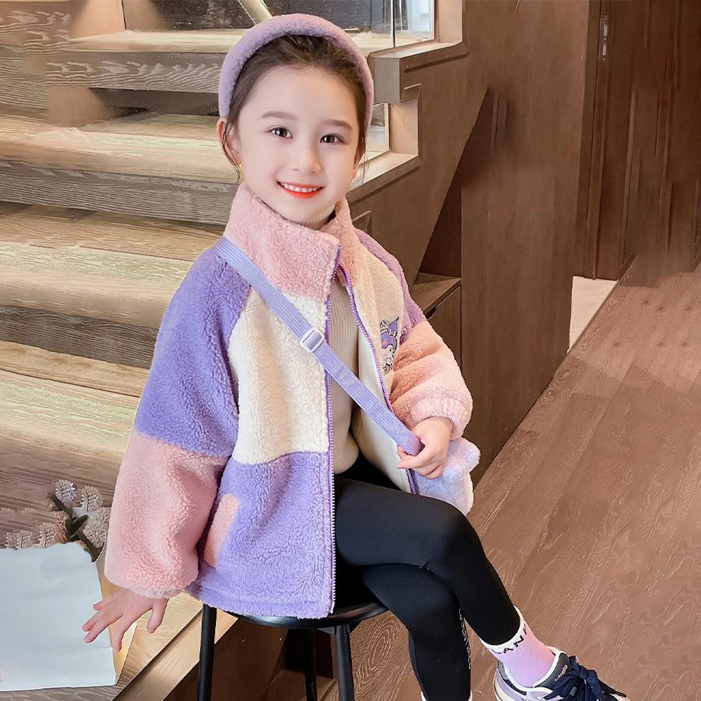 

Kawaii Sanrio Kuromi Girls Fleece Jacket Cartoon Kids Long Sleeve Thickened Outwear Autumn Winter Warm Coat Children's Clothing