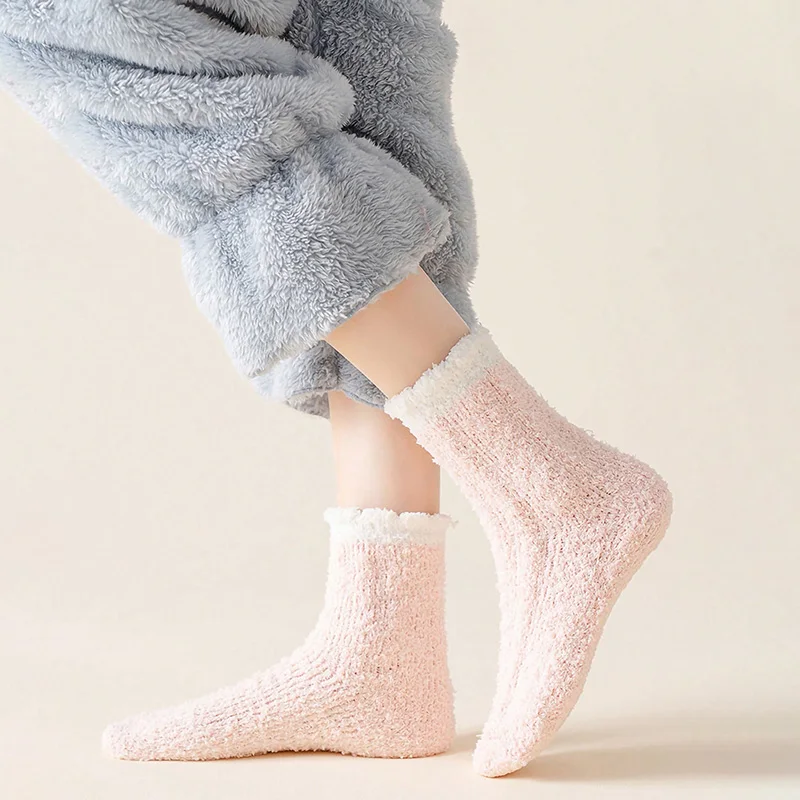 4 Pairs Women Winter Fuzzy Socks Thick Thermal Solid Soft Fluffy Slipper Home Floor Sleeping