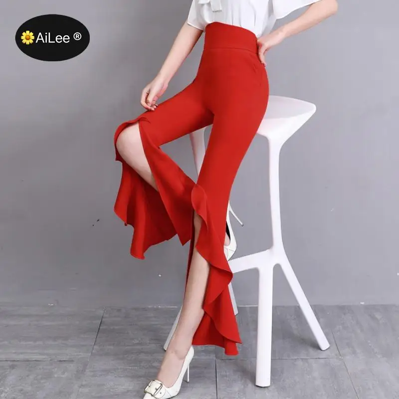 Ruffles Split Flare Boot Cut Pants Women Lady Elegant Design Office Party Work Business Trousers Plus Size High Street Club Pant women sweet high waist lace up stitching tulle skirt summer street style lady mini ruffles tutu skirts a line