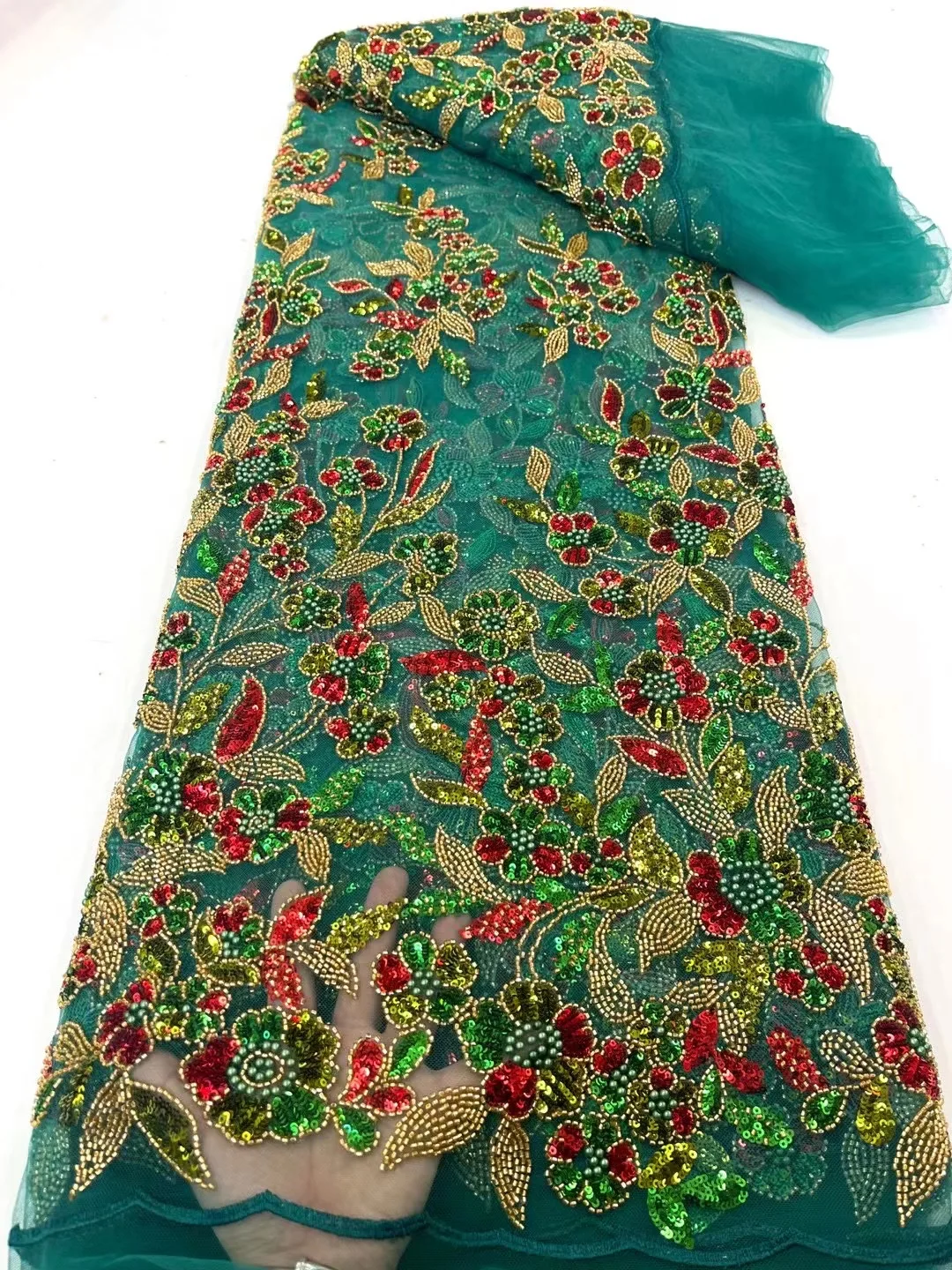 

Exquisite African Handmade Heavy Beaded Mesh Lace Fabric French Embroidery Sequins Net Handcut Lace Fabric For Nigerian Wedding